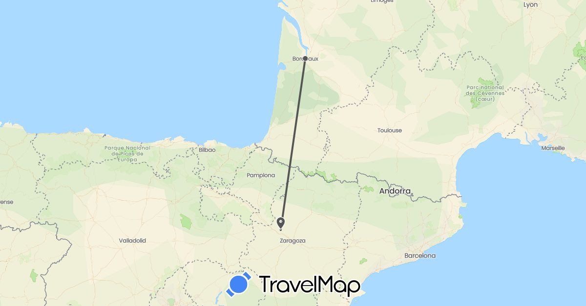 TravelMap itinerary: driving, motorbike in Spain, France (Europe)